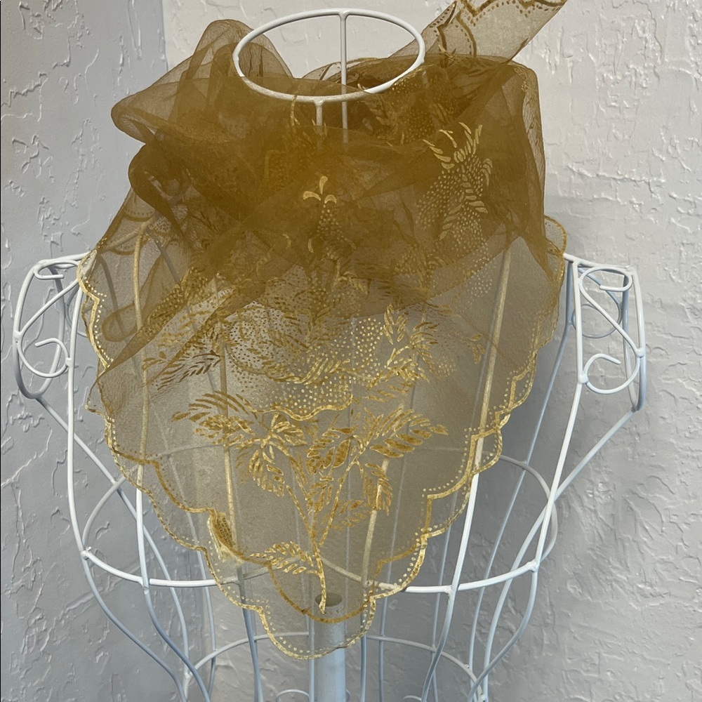 Vintage Sheer Tan Gold Flocked Scalloped Edge Scarf
